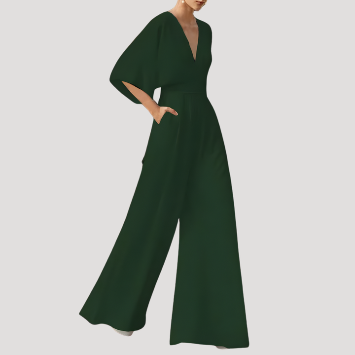Leonie | Women's V Neck Wide Leg Jumpsuit - Dark Green - Image 1