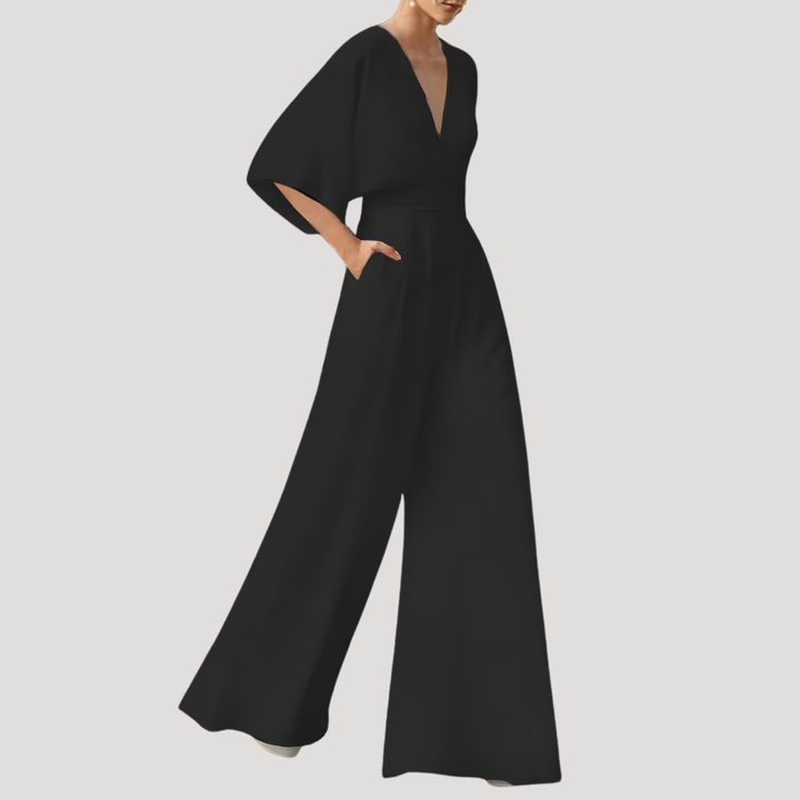 Leonie | Women's V Neck Wide Leg Jumpsuit - Dark Green - Image 2