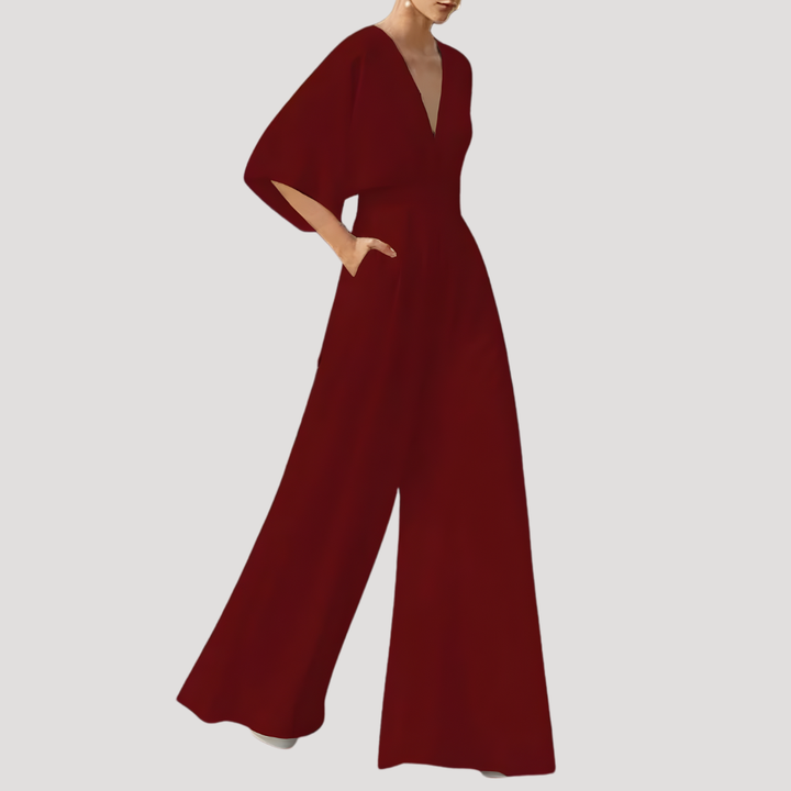 Leonie | Women's V Neck Wide Leg Jumpsuit - Dark Green - Image 3
