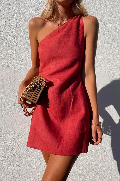 Lianna | Women's One Shoulder Sleeveless Mini Dress - Red - Image 1