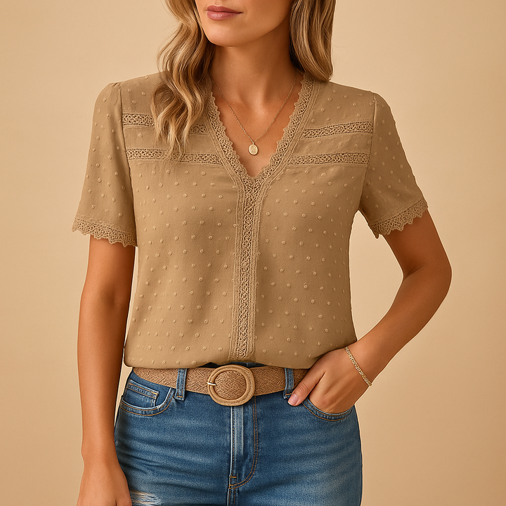 Lianne | Women's V-Neck Lace Trim Short Sleeve Blouse - Camel - Image 1