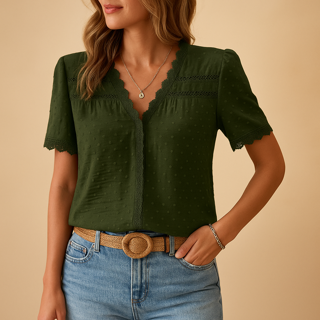 Lianne | Women's V-Neck Lace Trim Short Sleeve Blouse - Camel - Image 2