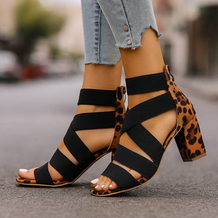 Lila | Women's Leopard Print Strappy Block Heel Sandals - Black - Image 5