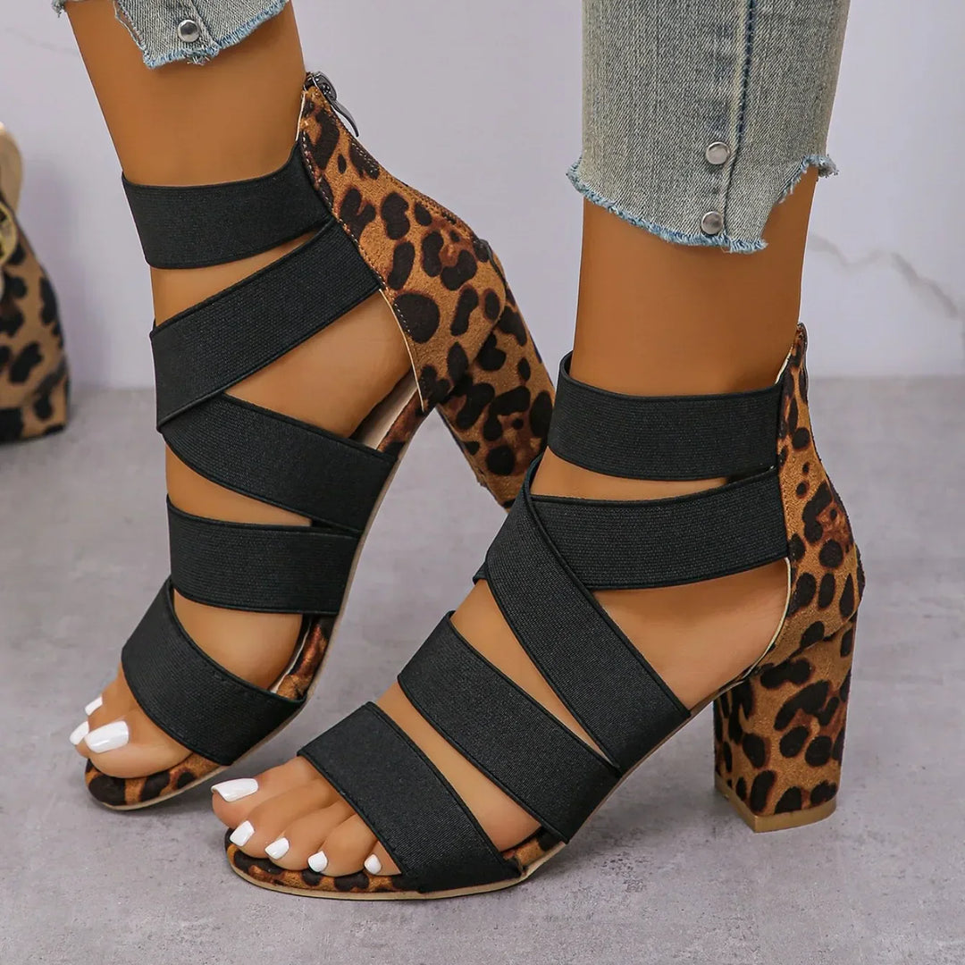 Lila | Women's Leopard Print Strappy Block Heel Sandals - Black - Image 6