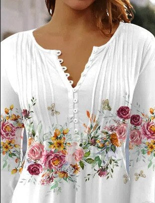 Linnea | Women's Floral Long Sleeve Henley Blouse - Floral - Image 1