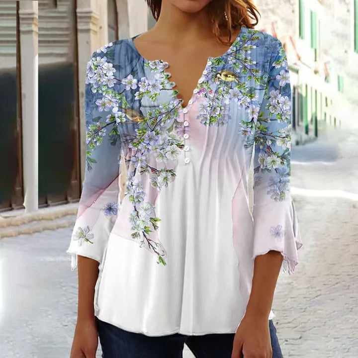 Linnea | Women's Floral Long Sleeve Henley Blouse - Floral - Image 10