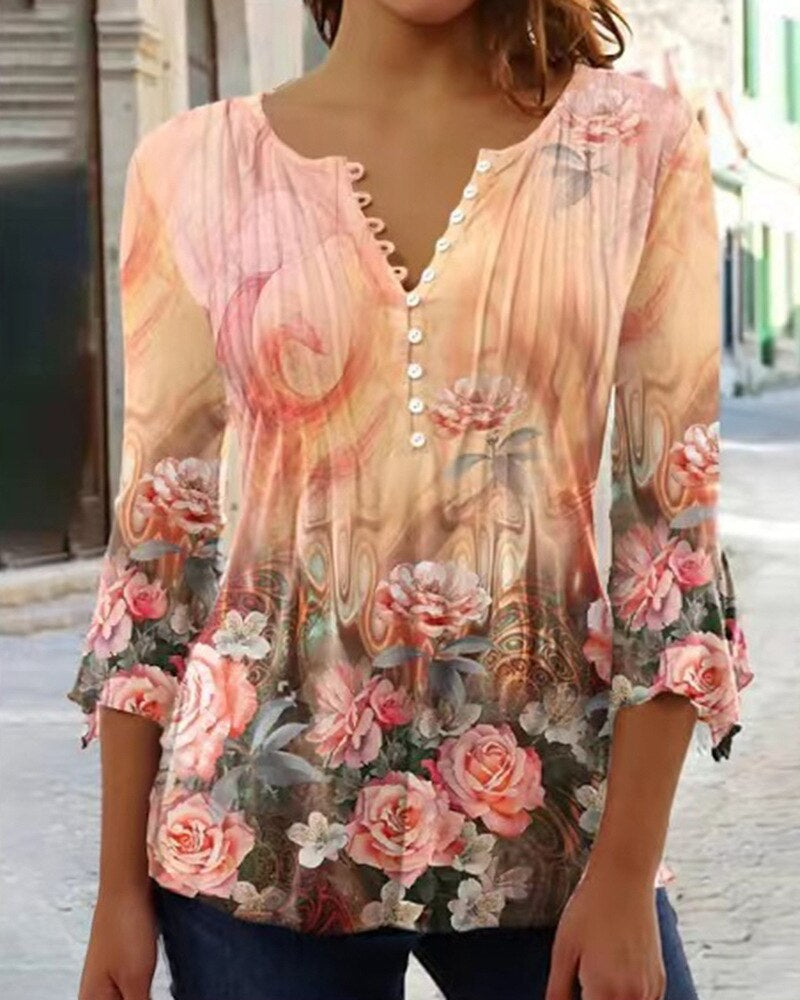 Linnea | Women's Floral Long Sleeve Henley Blouse - Floral - Image 11