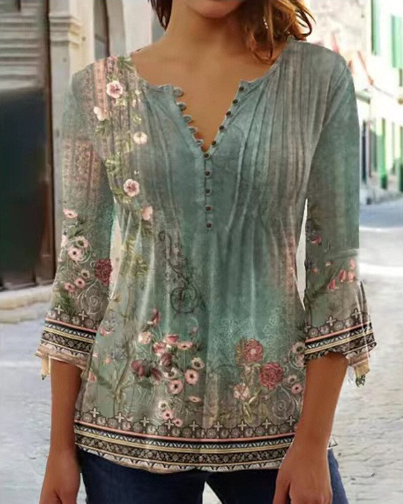 Linnea | Women's Floral Long Sleeve Henley Blouse - Floral - Image 12