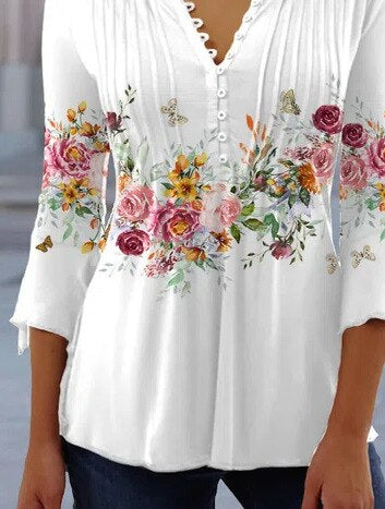 Linnea | Women's Floral Long Sleeve Henley Blouse - Floral - Image 2