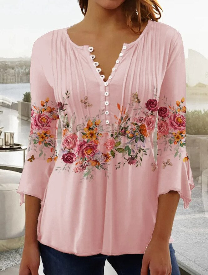 Linnea | Women's Floral Long Sleeve Henley Blouse - Floral - Image 4