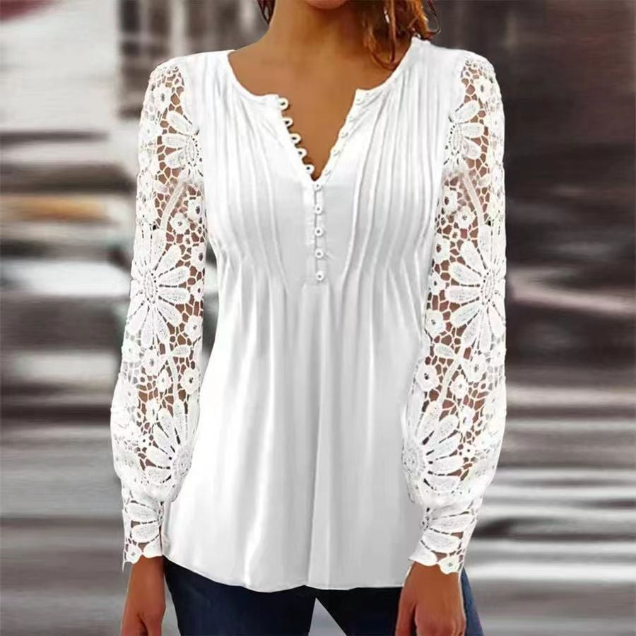 Linnea | Women's Floral Long Sleeve Henley Blouse - Floral - Image 5