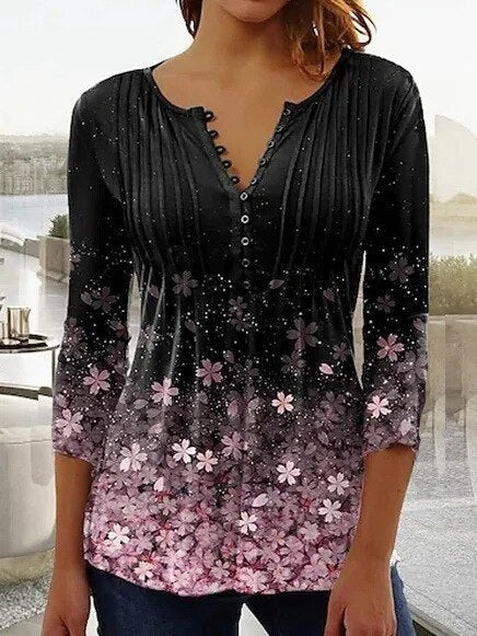 Linnea | Women's Floral Long Sleeve Henley Blouse - Floral - Image 7