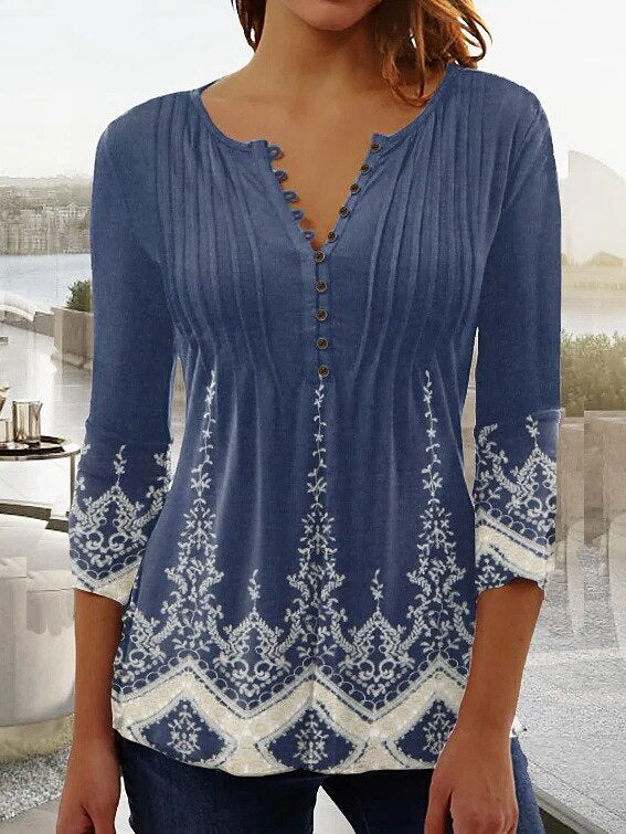 Linnea | Women's Floral Long Sleeve Henley Blouse - Floral - Image 8