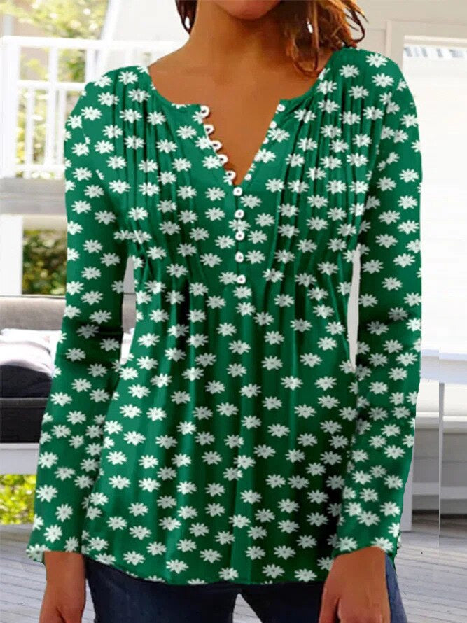 Linnea | Women's Floral Long Sleeve Henley Blouse - Floral - Image 9