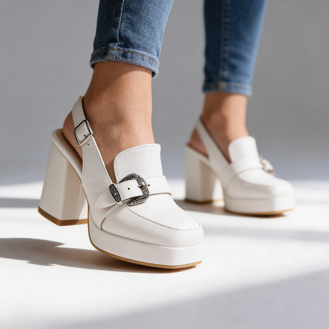 Lourdes | Women's Platform Slingback Block Heel Loafer - White - Image 4