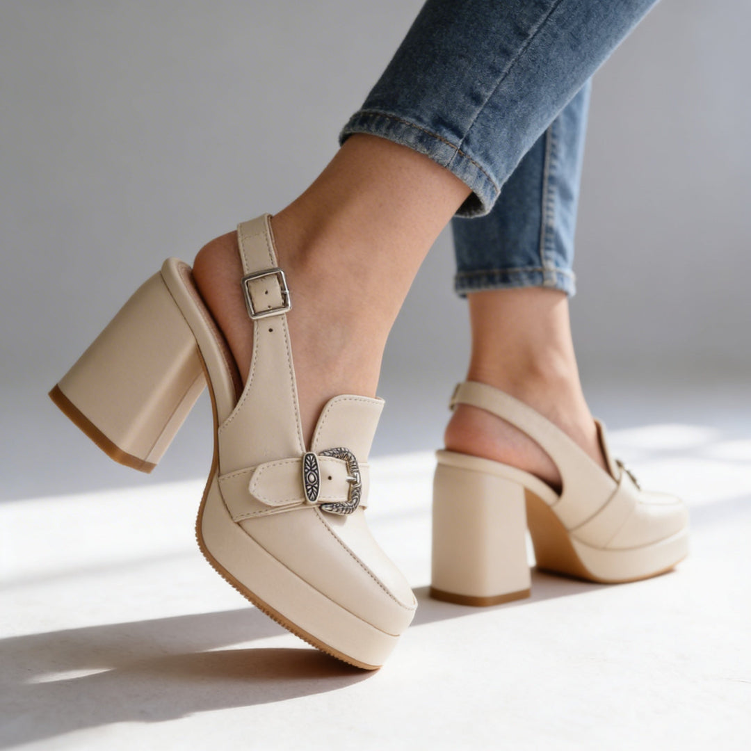 Lourdes | Women's Platform Slingback Block Heel Loafer - White - Image 5