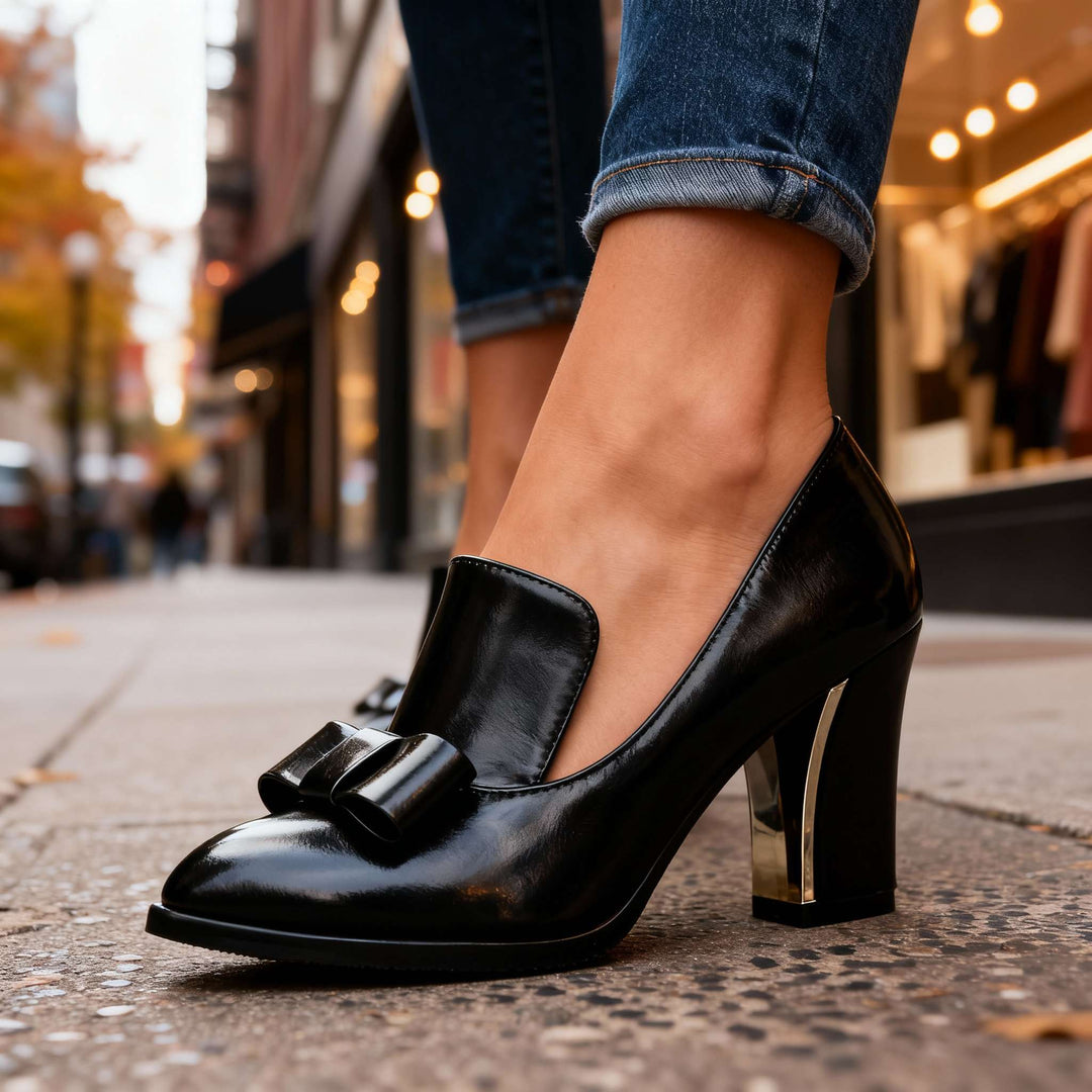 Lucette | Women's Bow Detail Block Heel Loafer Pumps - Black - Image 1