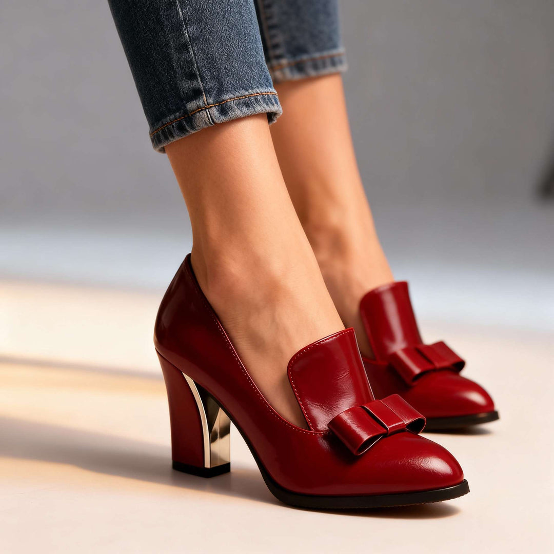 Lucette | Women's Bow Detail Block Heel Loafer Pumps - Black - Image 8