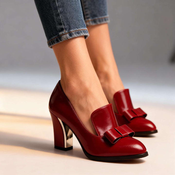 Lucette | Women's Bow Detail Block Heel Loafer Pumps - Black - Image 8