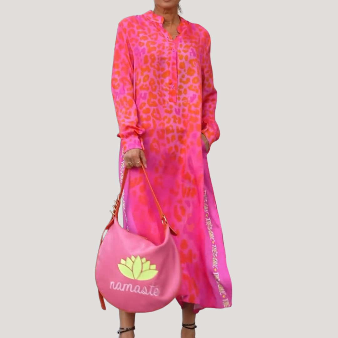 Lucienne | Women's Leopard Print Long Sleeve Midi Dress - Pink - Image 3