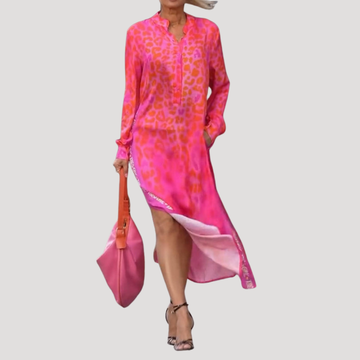 Lucienne | Women's Leopard Print Long Sleeve Midi Dress - Pink - Image 4