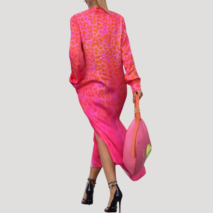 Lucienne | Women's Leopard Print Long Sleeve Midi Dress - Pink - Image 5