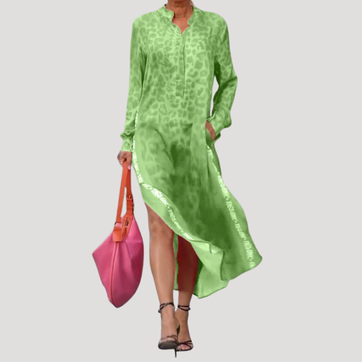 Lucienne | Women's Leopard Print Long Sleeve Midi Dress - Pink - Image 7