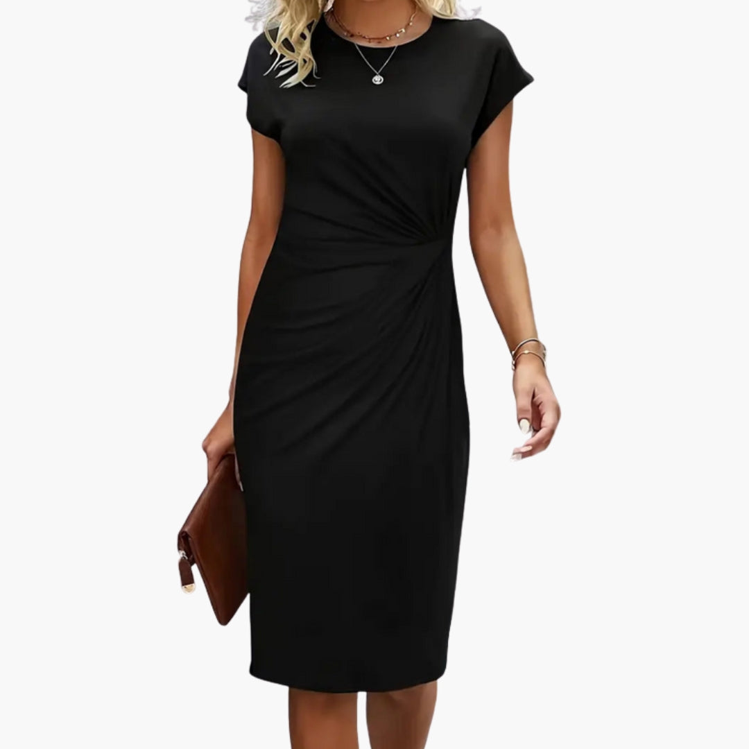 Lucille | Women's Round Neck Short Sleeve Midi Dress - Black - Image 1