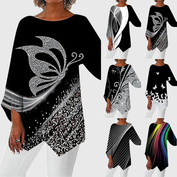 Lyanna | Women's Butterfly Print Asymmetric Hem Top - Black - Image 7