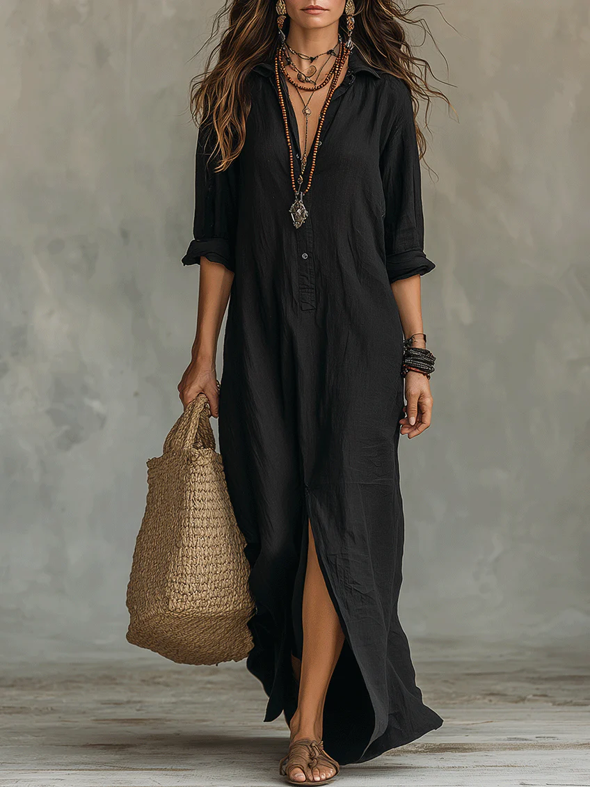 Lydia | Women's Button Front Long Sleeve Maxi Shirt Dress - Black - Image 1