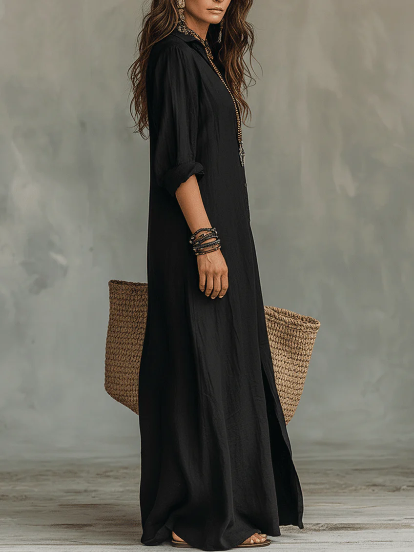 Lydia | Women's Button Front Long Sleeve Maxi Shirt Dress - Black - Image 2