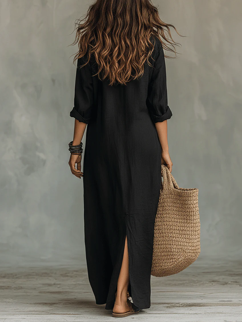 Lydia | Women's Button Front Long Sleeve Maxi Shirt Dress - Black - Image 3