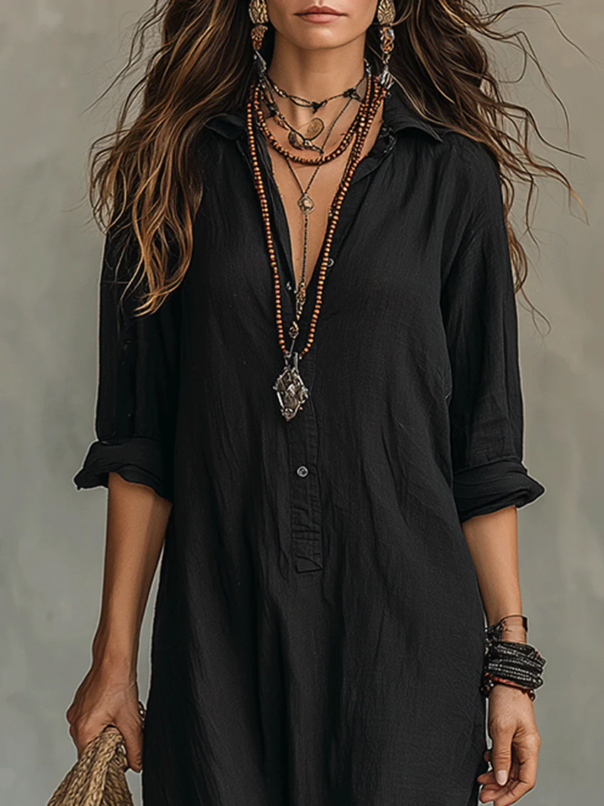 Lydia | Women's Button Front Long Sleeve Maxi Shirt Dress - Black - Image 4