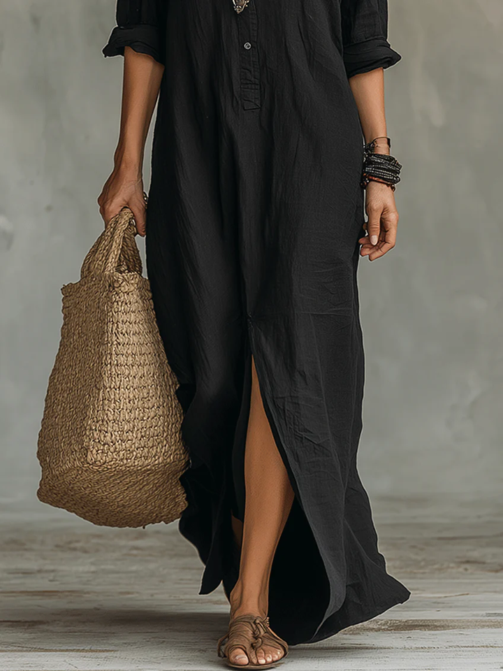 Lydia | Women's Button Front Long Sleeve Maxi Shirt Dress - Black - Image 5