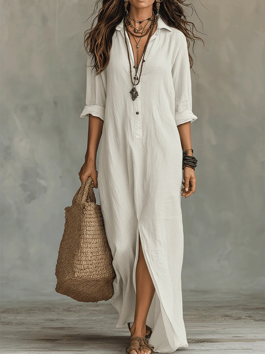 Lydia | Women's Button Front Long Sleeve Maxi Shirt Dress - Black - Image 6