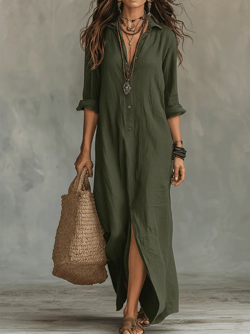 Lydia | Women's Button Front Long Sleeve Maxi Shirt Dress - Black - Image 7