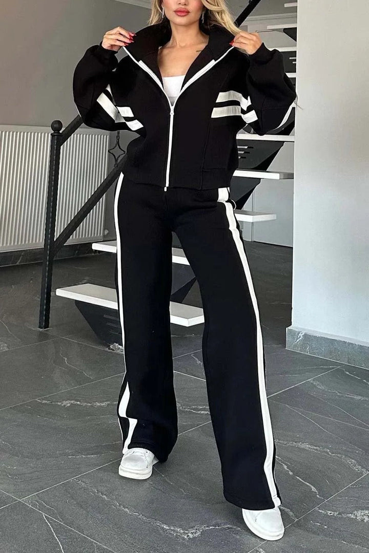 Lydia | Women's Striped Zip Up Track Suit Set - White - Image 2