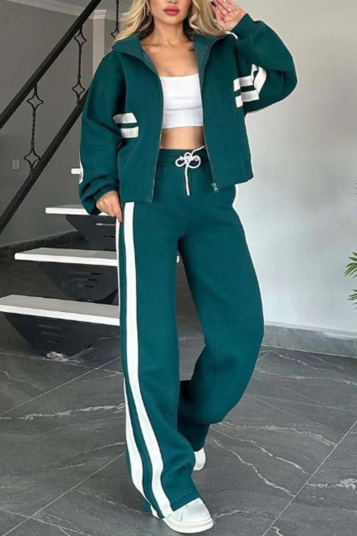 Lydia | Women's Striped Zip Up Track Suit Set - White - Image 3