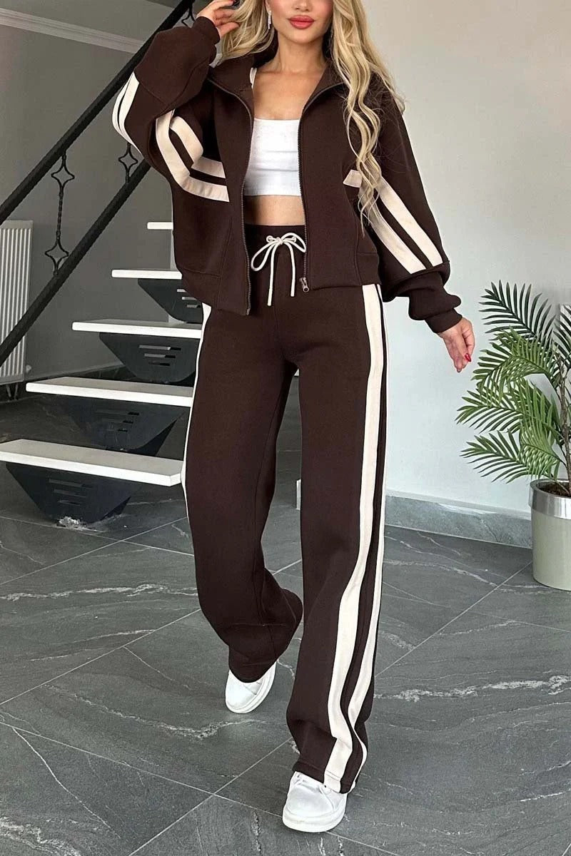 Lydia | Women's Striped Zip Up Track Suit Set - White - Image 4