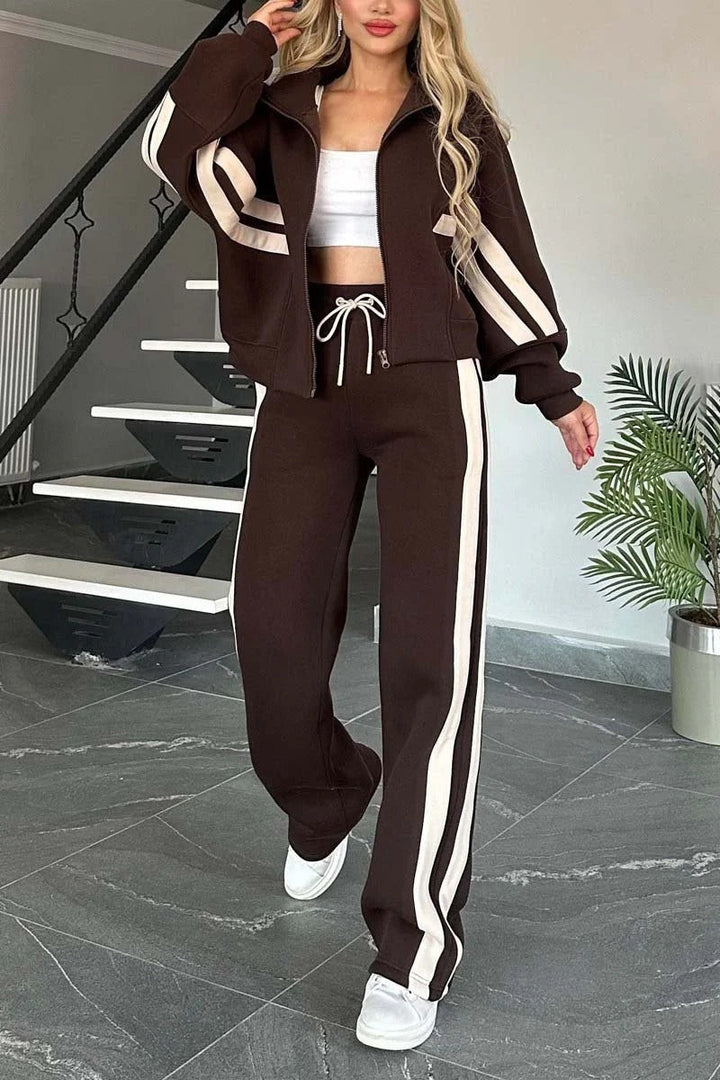 Lydia | Women's Striped Zip Up Track Suit Set - White - Image 4