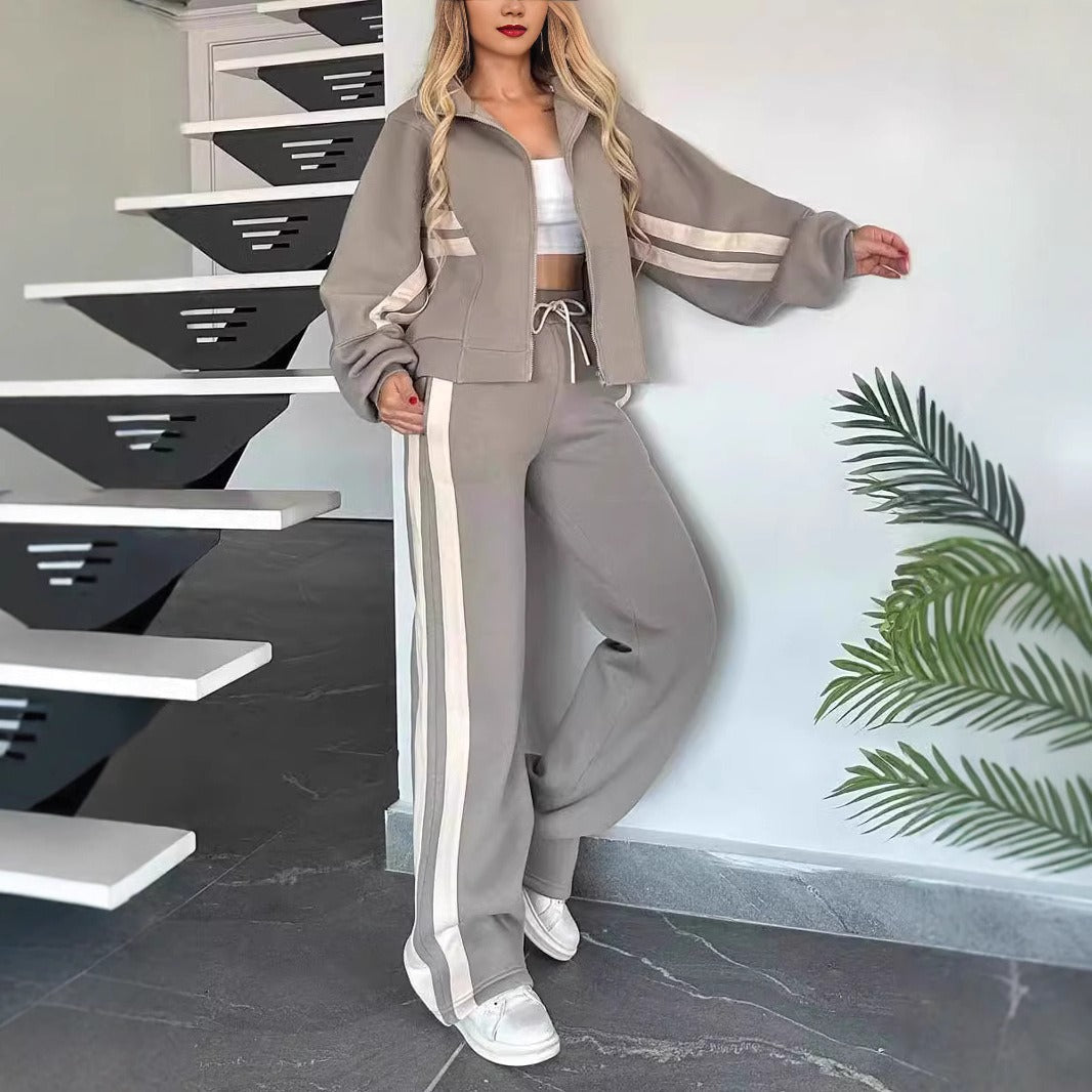 Lydia | Women's Striped Zip Up Track Suit Set - White - Image 5