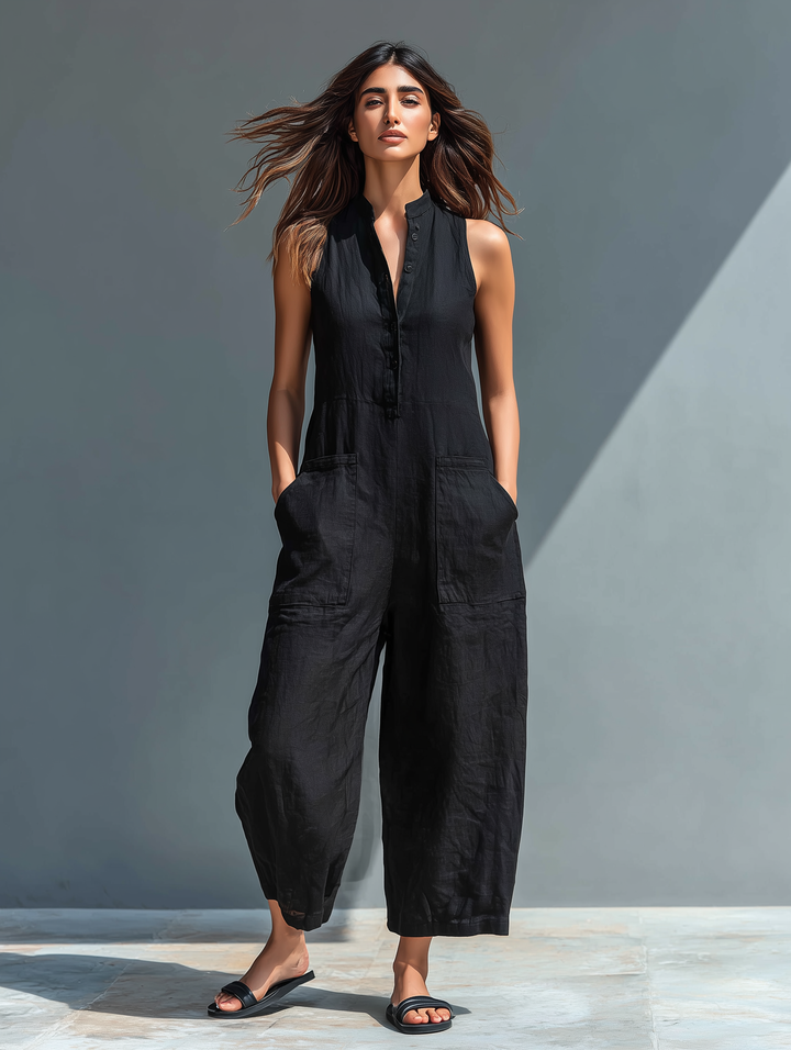 Lysandra | Women's Sleeveless Button Front Wide Leg Jumpsuit - Black - Image 1