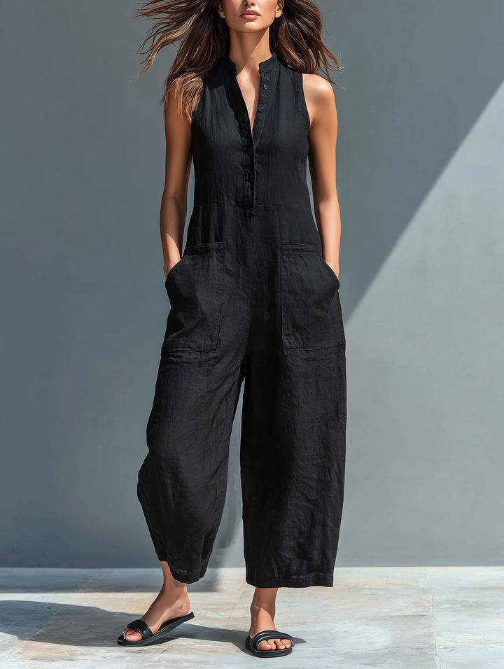 Lysandra | Women's Sleeveless Button Front Wide Leg Jumpsuit - Black - Image 4