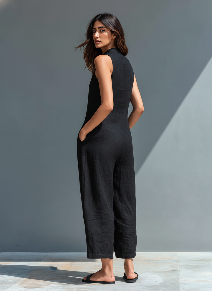 Lysandra | Women's Sleeveless Button Front Wide Leg Jumpsuit - Black - Image 5