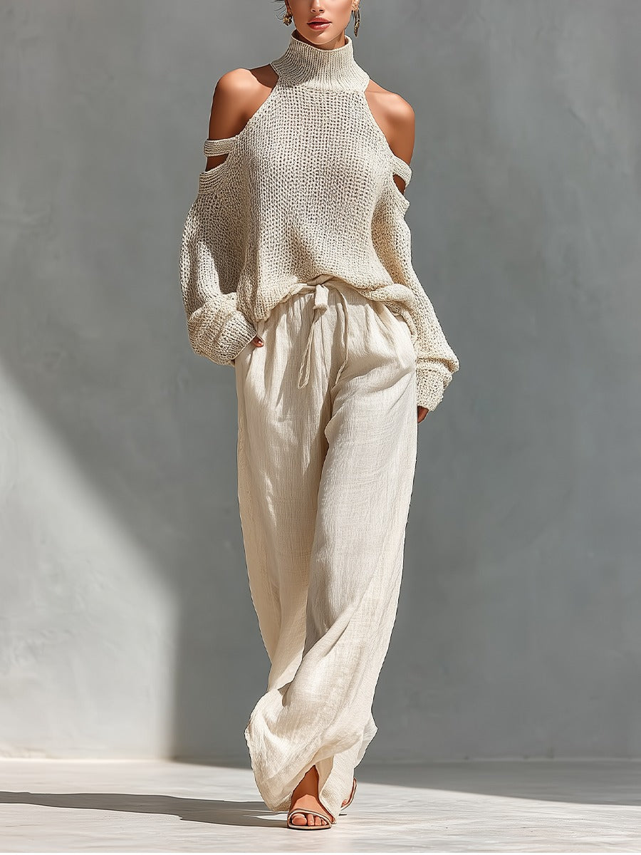 Magnolia | Women's Cold Shoulder Sweater Wide Leg Pant Set - Beige - Image 1