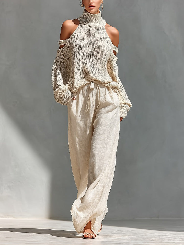 Magnolia | Women's Cold Shoulder Sweater Wide Leg Pant Set - Beige - Image 1