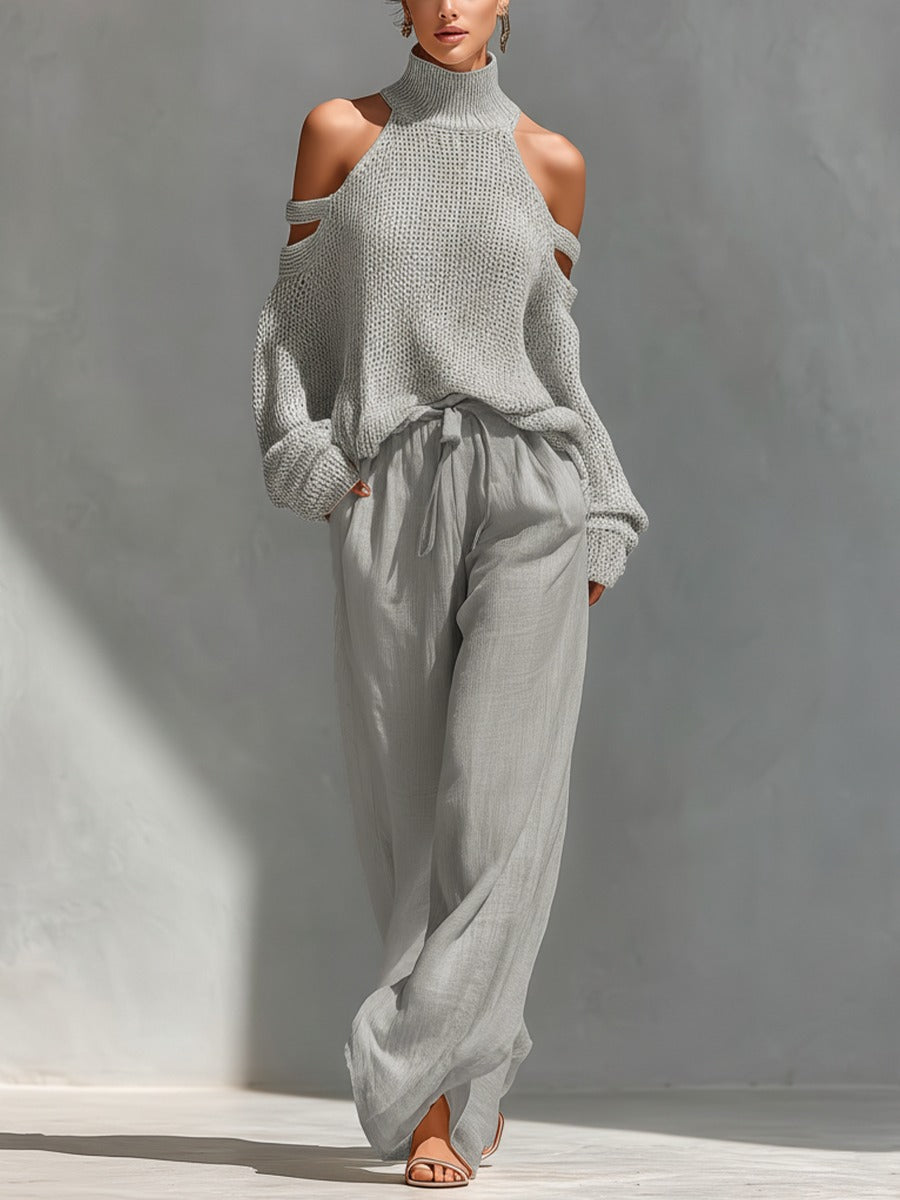 Magnolia | Women's Cold Shoulder Sweater Wide Leg Pant Set - Beige - Image 2