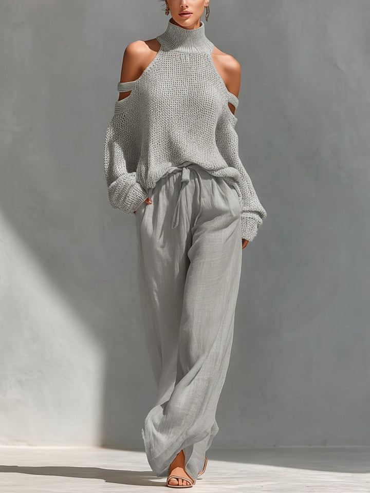 Magnolia | Women's Cold Shoulder Sweater Wide Leg Pant Set - Beige - Image 2