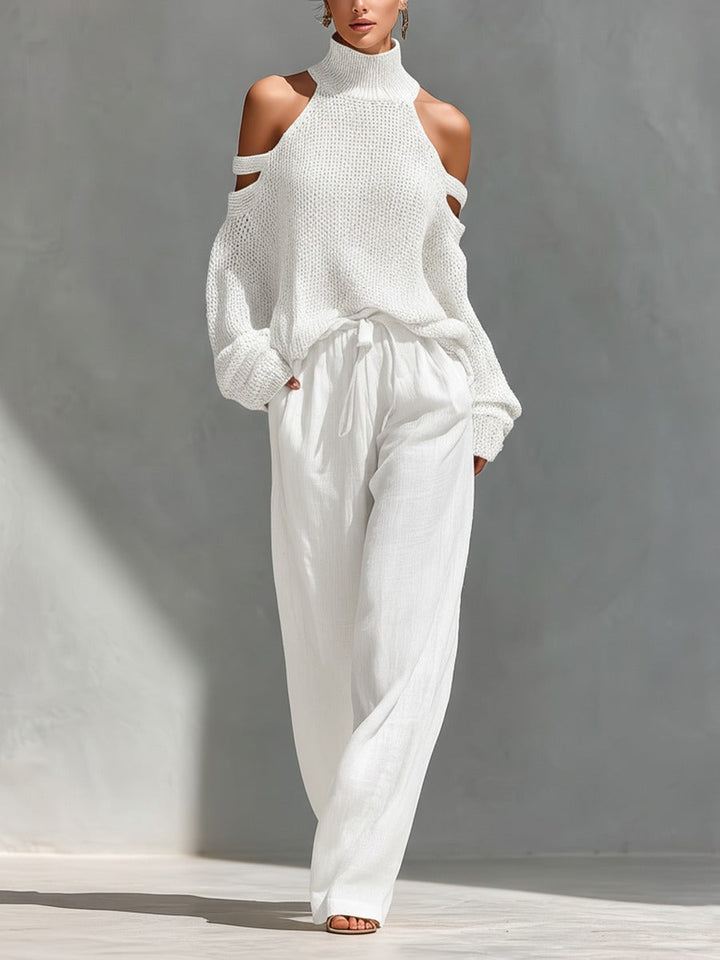 Magnolia | Women's Cold Shoulder Sweater Wide Leg Pant Set - Beige - Image 3