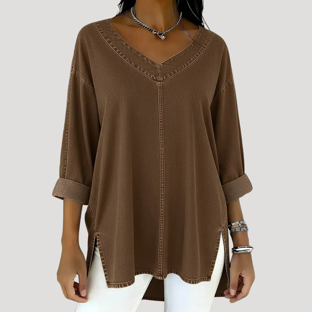 Magnolia | Women's V-Neck Relaxed Tunic Top - Blue - Image 4